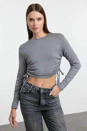 Trendyol Anthracite Side Gathered Crop Fitted/Fits Body Knitted Blouse