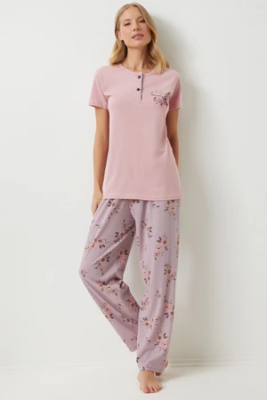 Happiness İstanbul Women's Pink Buttoned T-Shirt Floral Pants Knitted Pajama Set