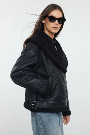 Trendyol Black Plush Detailed Faux Leather Biker Jacket Coat