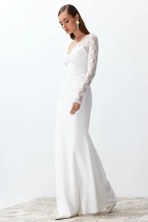 Trendyol Bridal White Fitted Woven Lace Wedding/Nupture Long Evening Evening Dress