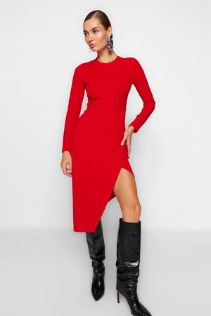 Trendyol Red Crewneck Knitted Midi Dress with a Slit Detail Fitted Body