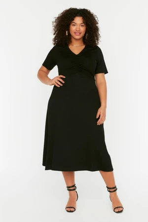 Trendyol Curve Black Skater V-Neck Shirring Detailed Dress