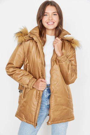 Trendyol Camel Oversize Arched Fur Hooded Quilted Down Jacket