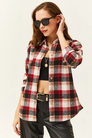 Olalook Women's Red Beige Plaid Lumberjack Shirt