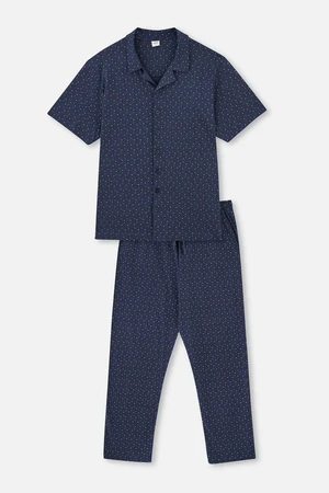 Dagi Navy Blue Shirt Collar Short Sleeves Patterned Pajamas Set