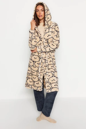 Trendyol Cream Wellsoft Animal Patterned Hooded Winter Knitted Dressing Gown