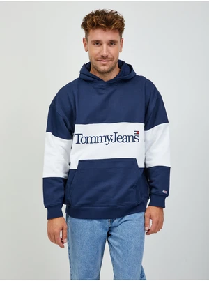 Mikiny s kapucou pre mužov Tommy Jeans - tmavomodrá, biela