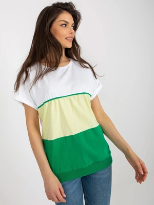 White-green loose basic blouse with short sleeves