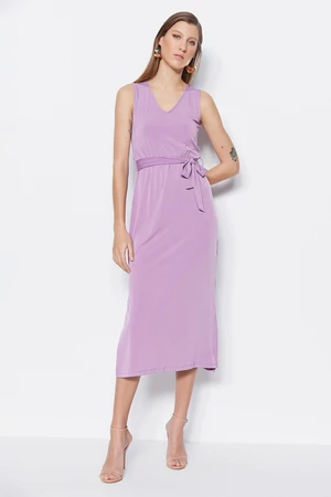 Trendyol Purple Tie Detailed Midi V-Neck Stretchy Knit Dress