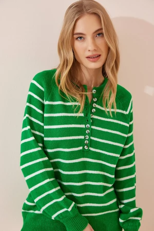 Happiness İstanbul Women's Vivid Green Buttoned Collar Striped Knitwear Sweater