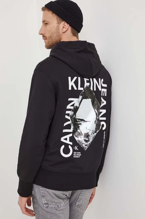 Bavlněná mikina Calvin Klein Jeans pánská, černá barva, s kapucí, s potiskem, J30J324631