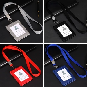 Multi-functional PU Leather Badge ID Card Holder Case with 5 Card Slots Neck Neck Strap for Business Offices School