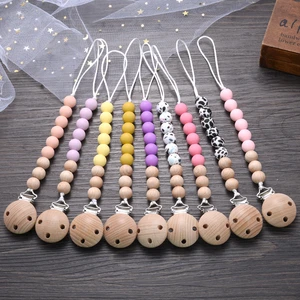 Baby Wooden Pacifier Clip Silicone Teether Round Beads Dummy Holder Chain For Baby Teething Nursing Chewing Toys Shower Gifts