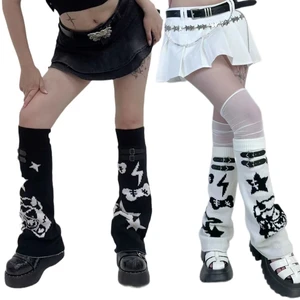 Womens Knitted Leg Warmers Girls Vintage Punk Knee High Leg Socks Gothic Print Stockings for Dress Skirt