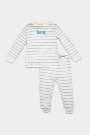 DEFACTO Baby Boy Striped Slogan Printed Long Sleeve Top Long Bottom Ribbed Camisole Pajama Set