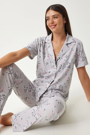 Happiness İstanbul Women's Gray Patterned Shirt and Pants Pajama Set