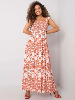 Long, white and orange patterned dress