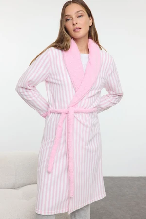 Trendyol Pink Belted Striped Polar Fleece Knitted Dressing Gown