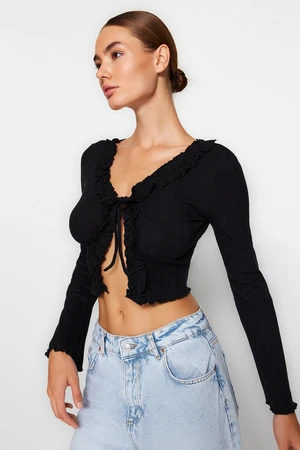 Trendyol Black Ruffle Detail Front Tied Ribbed Flexible Crop Knitted Blouse