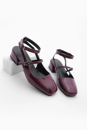 Marjin Women's Helmet Square Toe Open Back Short Block Heel Mary Jane Shoes Hanse Burgundy Patent Leather