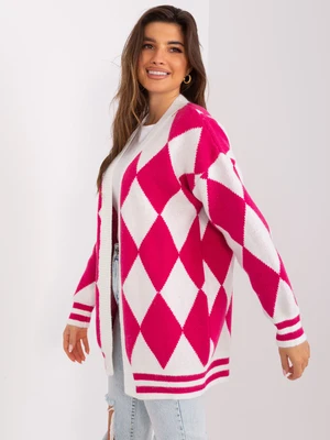 Ecru and fuchsia cardigan with diamond pattern