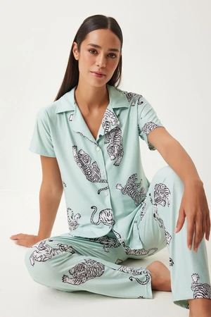 Happiness İstanbul Women's Water Green Patterned Shirt and Pants Knitted Pajama Set