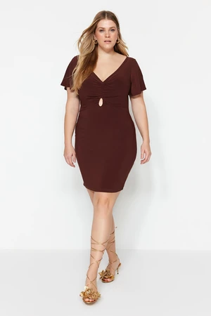 Trendyol Curve Brown Knitted V-Neck Window/Cut Out Detailed Dress