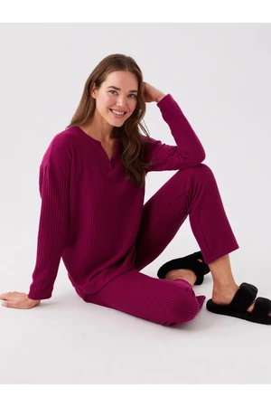 LC Waikiki Women's Crew Neck Plain Long Sleeve Pajamas Set