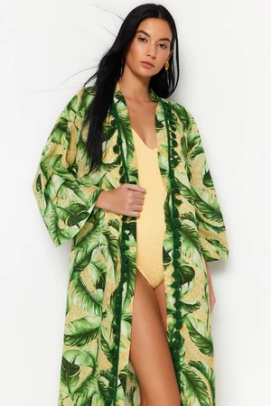 Trendyol Tropical Patterned Belted Midi Woven Kimono & Kaftan 100% Cotton with Tassels