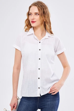 armonika Women's White Short Sleeve Linen Shirt