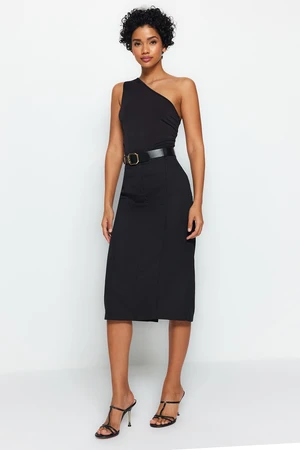 Trendyol Black Straight Cut Slit Detailed Midi Woven Skirt