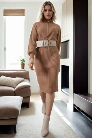 92522 Dewberry Long Knit Women Dress (Belt Not Included)-CAMEL