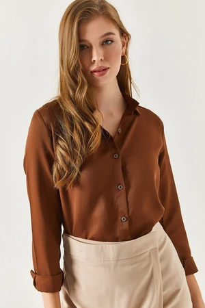 armonika Straight Shirt with Long Sleeves - BROWN