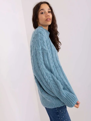 Blue loose sweater with cables