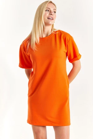 armonika Women's Orange Short Sleeve Dress With Pocket