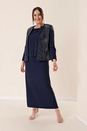 By Saygı Crepe With Beads Embroidered Lined Triple Plus Size Suite, Navy Blue