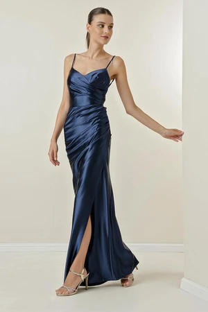 By Saygı Long Lined Satin Dress with Rope Straps and Ties at the Back.