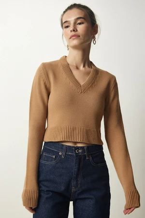 Happiness İstanbul Women's Biscuit V-Neck Crop Knitwear Sweater