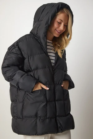 Happiness İstanbul Women's Black Oversized Puffy Coat with Hood