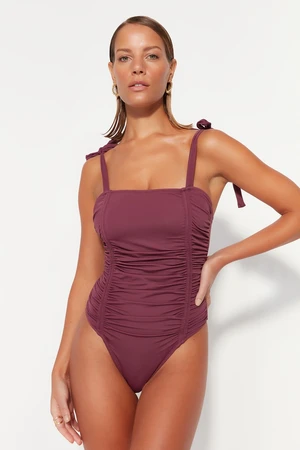 Trendyol Claret Red Square Collar Draped Regular Leg Swimsuit