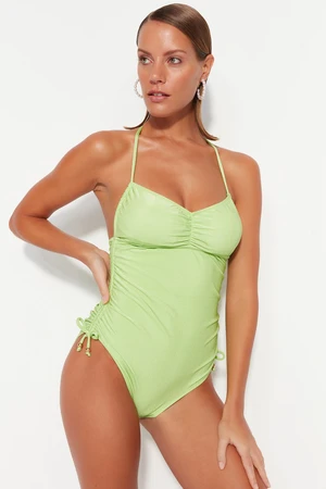 Trendyol Green Strapless Pleated Textured High Leg Swimsuit