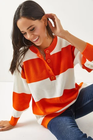 Olalook Women's Orange Buttons Striped Oversized Knitwear Sweater