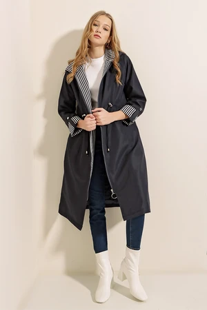 Bigdart 9091 Gathered Waist Hooded Trench Coat - Navy Blue