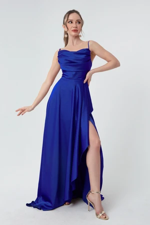 Lafaba Women's Sax Evening Dress & Prom Dress with Ruffles and Slits in Satin.