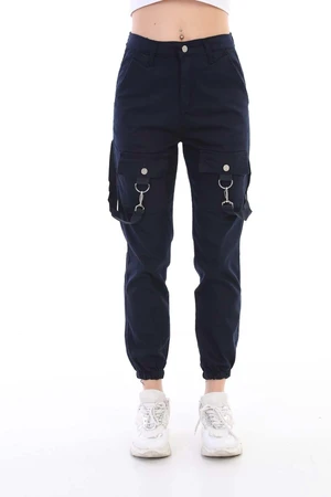 BİKELİFE Navy Blue Ring Detailed Gabardine Fabric Cargo Trousers