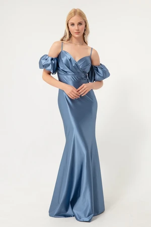 Lafaba Women's Indigo Rope Straps Low-Sleeve Long Satin Evening Dress.