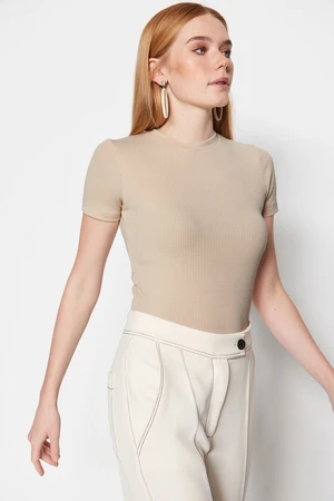 Trendyol Beige Half Sleeve Snap-Front Knitted Body Tunic