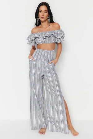 Trendyol Gray Striped Woven Frilly Blouse Trouser Suit