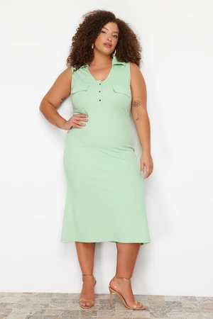 Trendyol Curve Green Polo Neck Buttoned Midi Knitted Dress