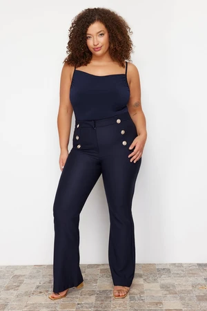 Trendyol Curve Navy Blue Bell-bottom Stylish Buttoned Woven Gathering Plus Size Fabric Trousers